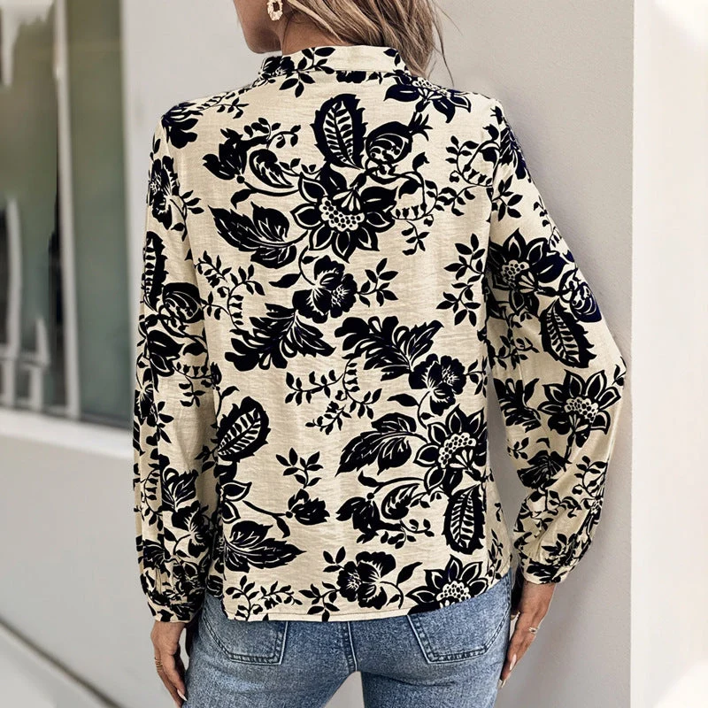 Damen Florale Viskose-Bluse mit Stehkragen, Kellerfalten und verdeckter Knopfleiste Nord Taschen