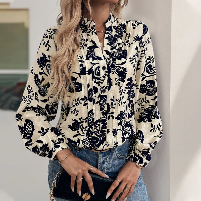 Damen Florale Viskose-Bluse mit Stehkragen, Kellerfalten und verdeckter Knopfleiste Nord Taschen