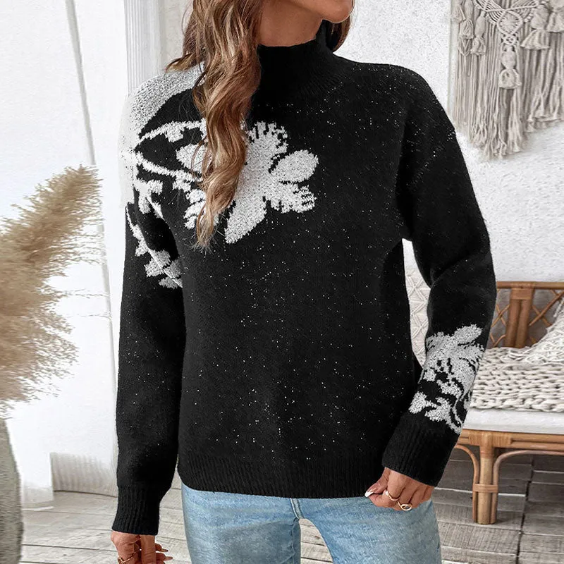 Damen Floraler Intarsia-Strickpullover mit Stehkragen und lockerer Silhouette Nord Taschen