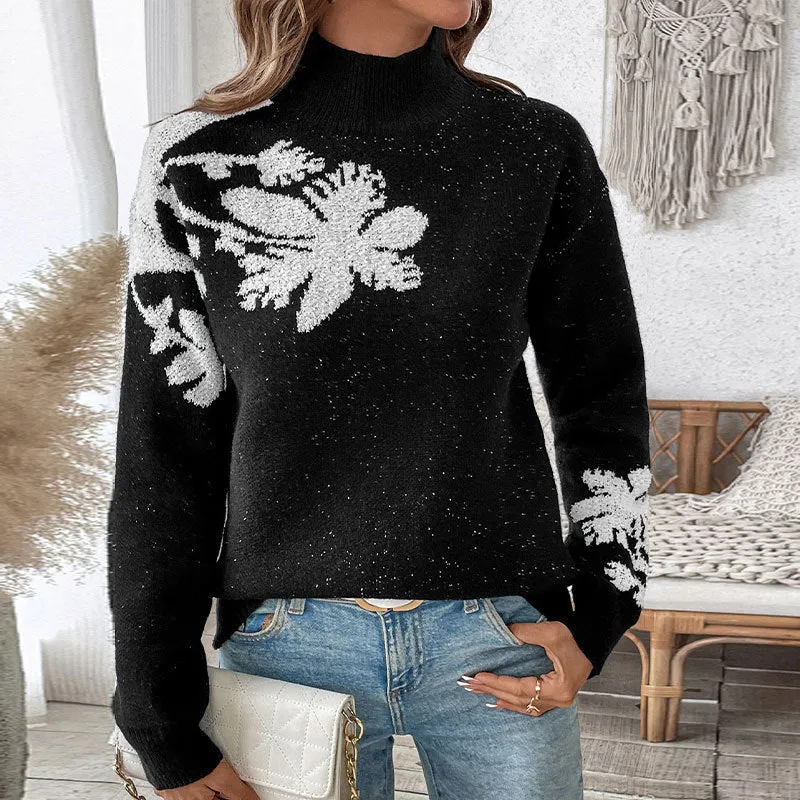 Damen Floraler Intarsia-Strickpullover mit Stehkragen und lockerer Silhouette Nord Taschen