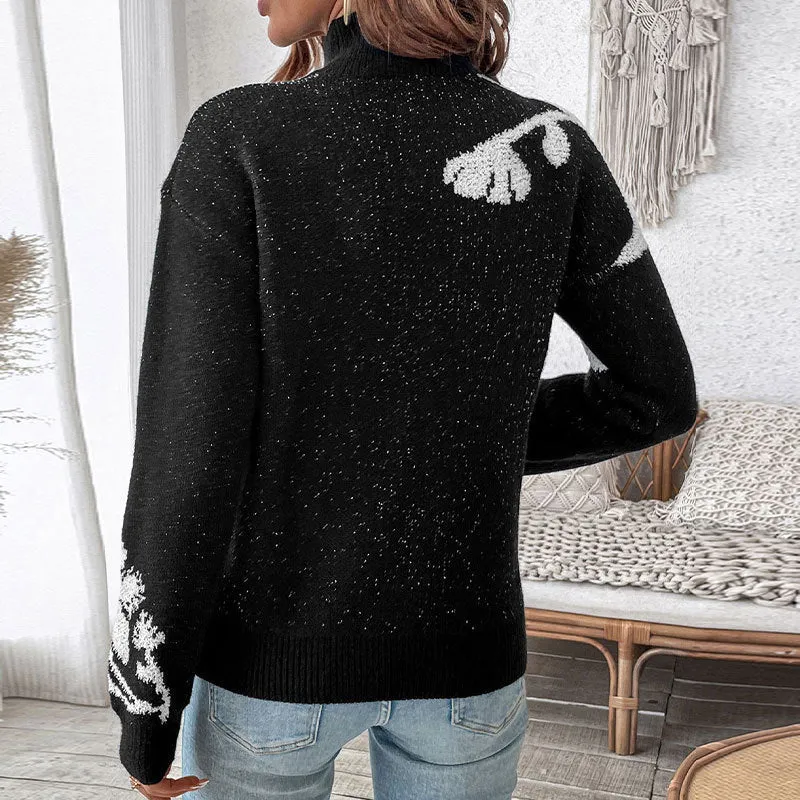 Damen Floraler Intarsia-Strickpullover mit Stehkragen und lockerer Silhouette Nord Taschen