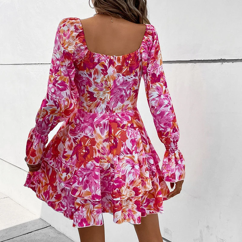 Damen Florales Rüschiges Skaterkleid mit Carmen-Ausschnitt, Taillennaht & Volantstufen Nord Taschen