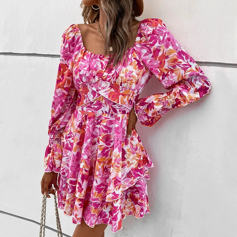 Damen Florales Rüschiges Skaterkleid mit Carmen-Ausschnitt, Taillennaht & Volantstufen Nord Taschen