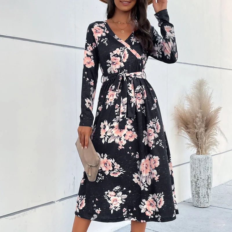 Damen Florales Wickel-Midikleid mit V-Ausschnitt, Taillengürtel und ausgestelltem Rock Nord Taschen