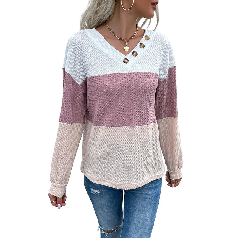 Damen Garnstruktur-Colorblock-Pullover mit V‑Ausschnitt und Zierknopfleiste Nord Taschen
