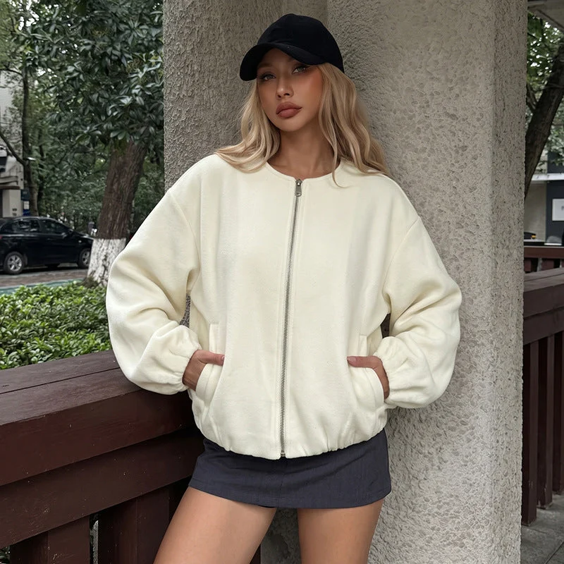 Damen Gefütterte Teddy-Fleece Bomberjacke mit Reißverschluss, elastischem Saum und Eingrifftaschen Nord Taschen