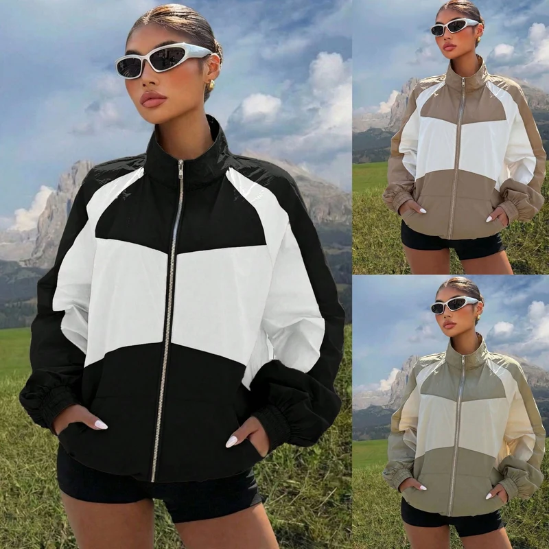 Damen Leichte Colorblock Windjacke mit Stehkragen und Reißverschluss Nord Taschen