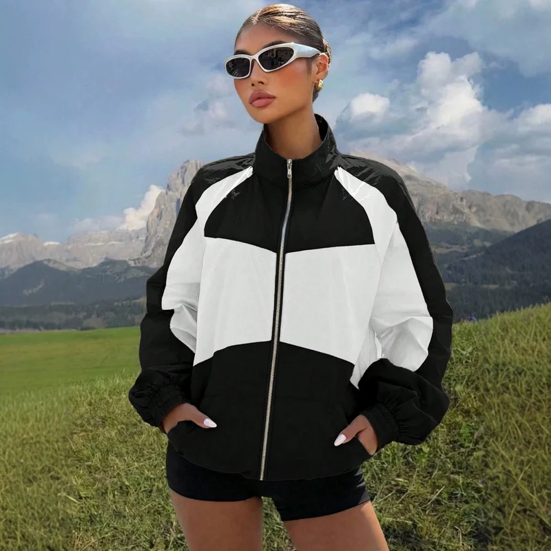 Damen Leichte Colorblock Windjacke mit Stehkragen und Reißverschluss Nord Taschen
