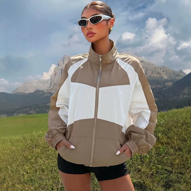 Damen Leichte Colorblock Windjacke mit Stehkragen und Reißverschluss Nord Taschen