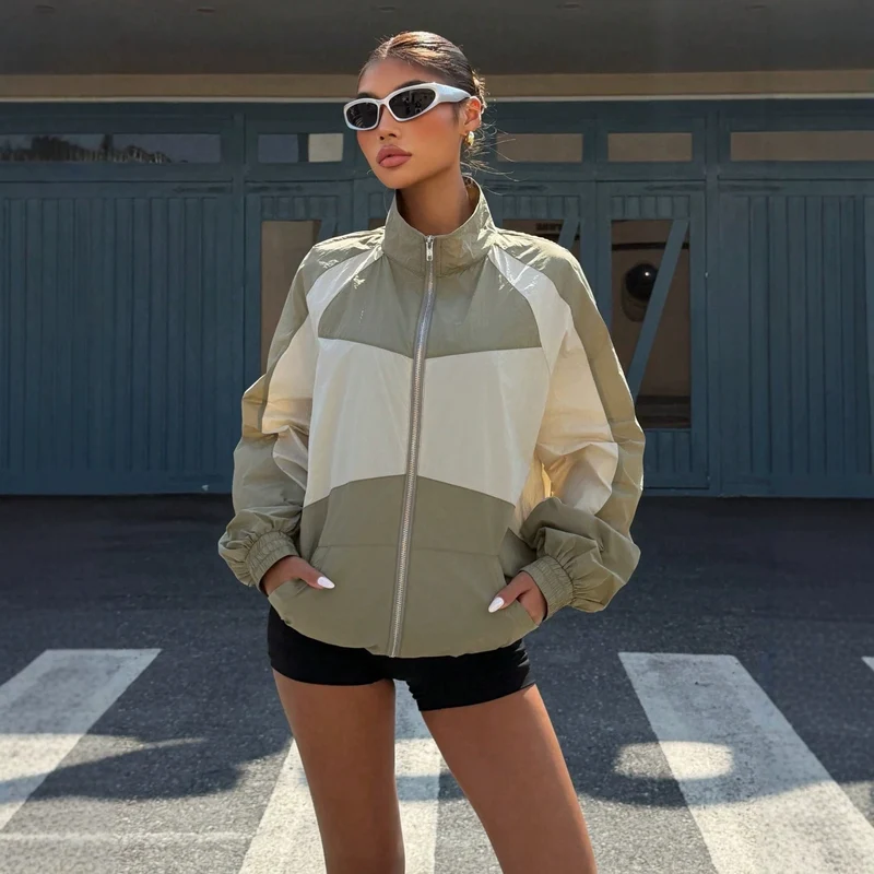 Damen Leichte Colorblock Windjacke mit Stehkragen und Reißverschluss Nord Taschen