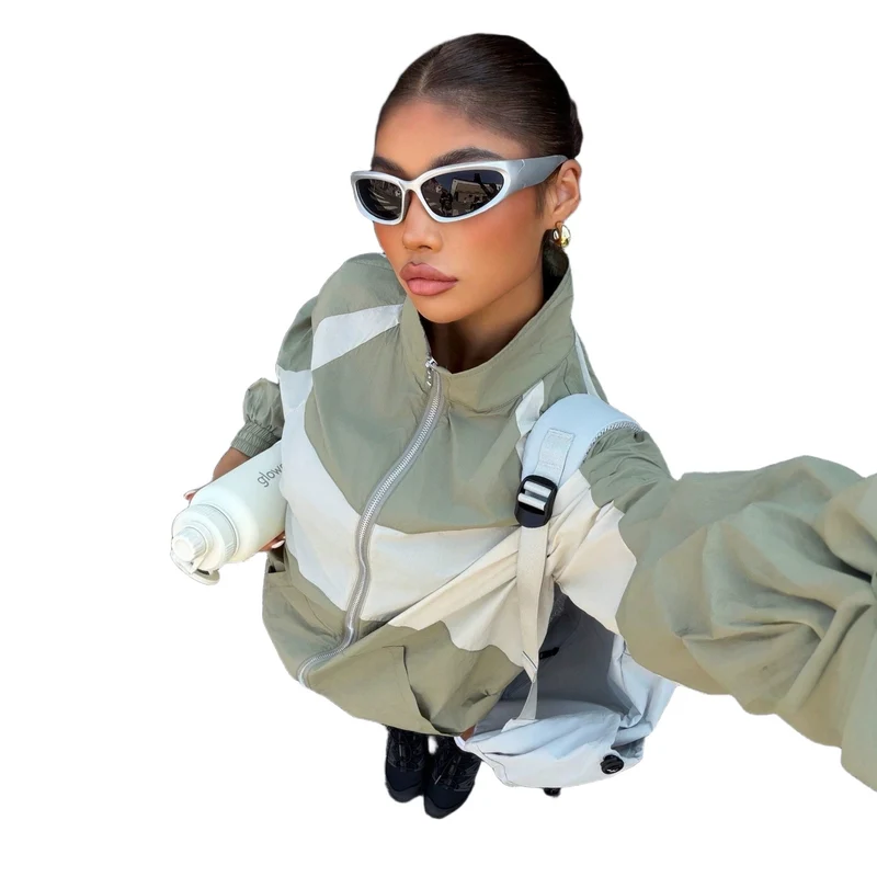 Damen Leichte Colorblock Windjacke mit Stehkragen und Reißverschluss Nord Taschen