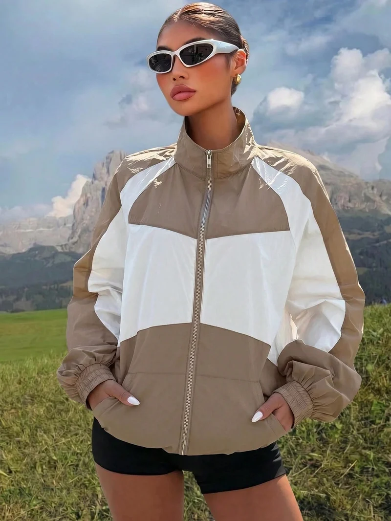 Damen Leichte Colorblock Windjacke mit Stehkragen und Reißverschluss Nord Taschen