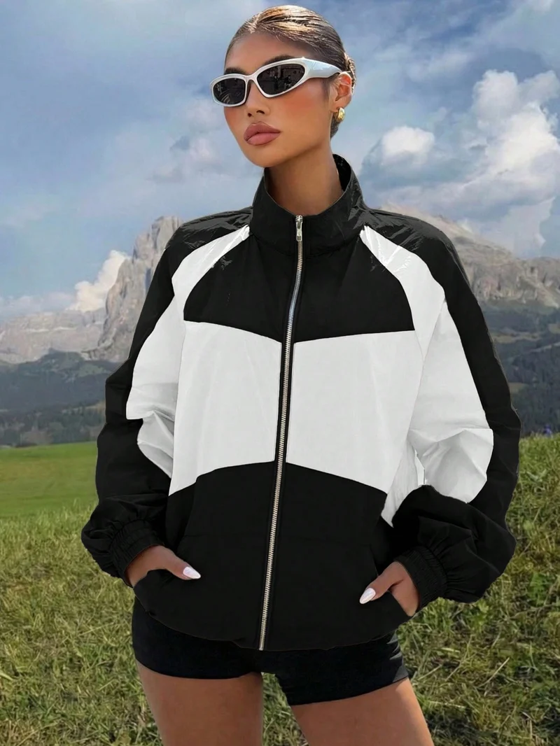 Damen Leichte Colorblock Windjacke mit Stehkragen und Reißverschluss Nord Taschen