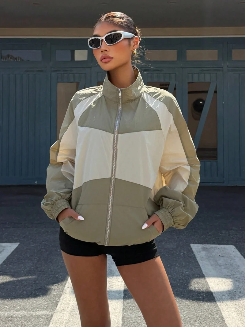 Damen Leichte Colorblock Windjacke mit Stehkragen und Reißverschluss Nord Taschen