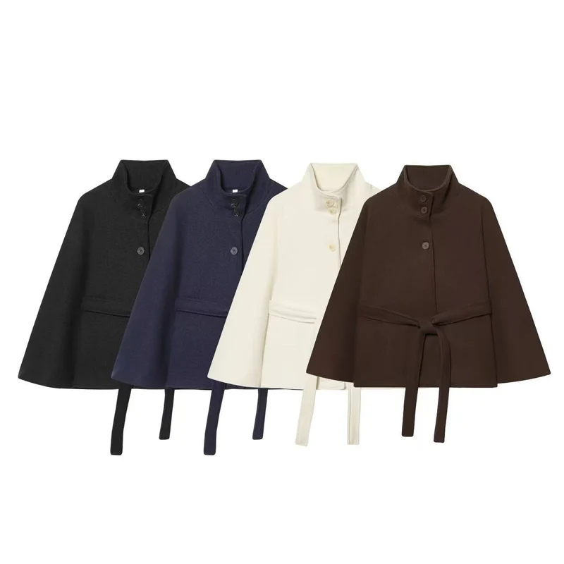 Damen Kurz-Cape mit wattierter Konstruktion, Stehkragen und Bindegürtel Nord Taschen