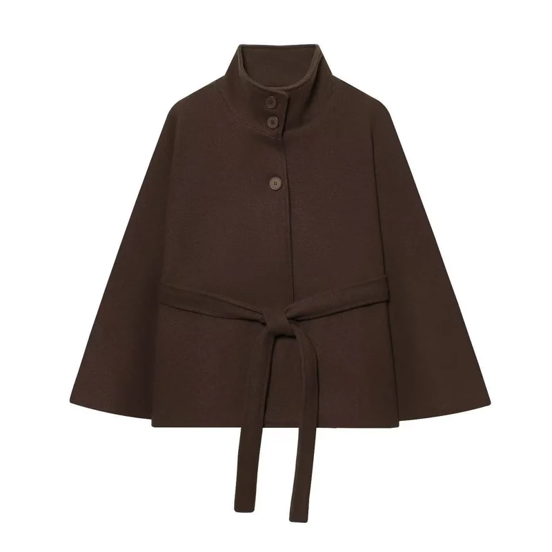 Damen Kurz-Cape mit wattierter Konstruktion, Stehkragen und Bindegürtel Nord Taschen