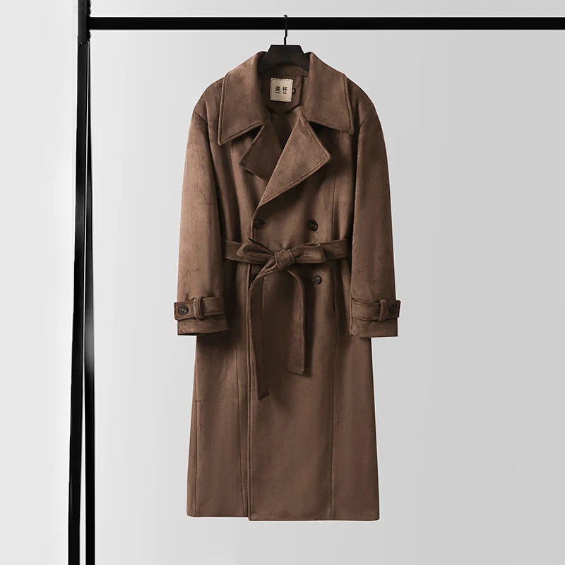 Herren Doppelreihiger Trenchcoat aus Velourslederimitat mit Taillengürtel und weitem Revers Nord Taschen