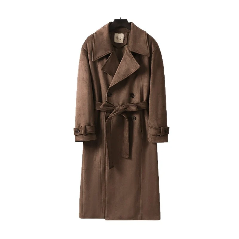 Herren Doppelreihiger Trenchcoat aus Velourslederimitat mit Taillengürtel und weitem Revers Nord Taschen