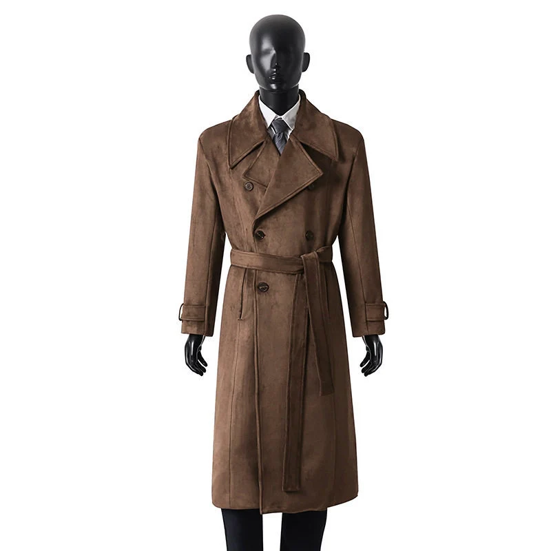 Herren Doppelreihiger Trenchcoat aus Velourslederimitat mit Taillengürtel und weitem Revers Nord Taschen