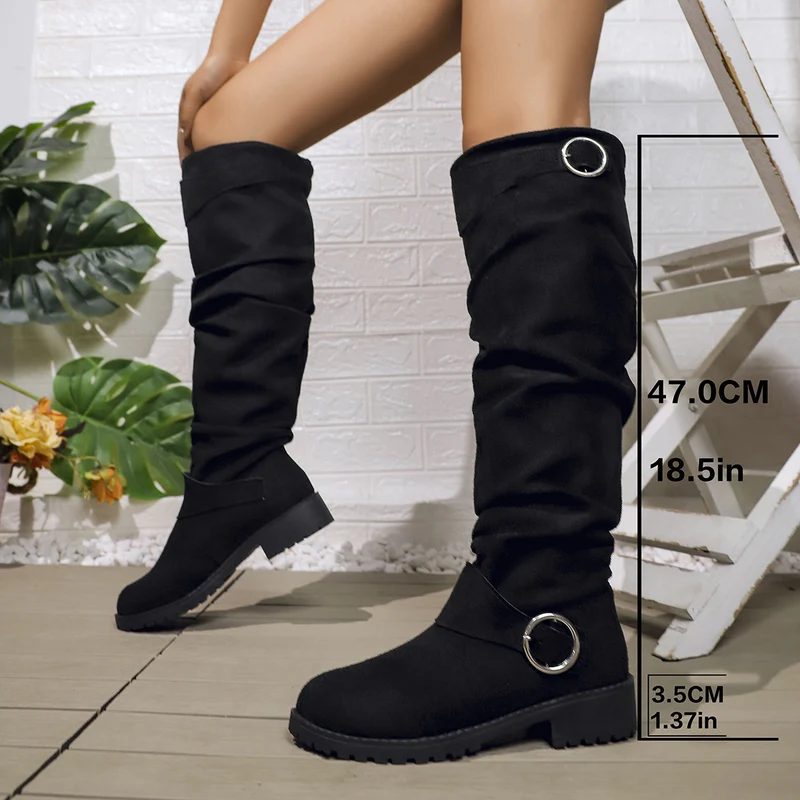 Damen kniehohe Slouch-Stiefel aus Wildlederoptik mit dekorativer Schnalle und rutschfester Profilsohle Nord Taschen