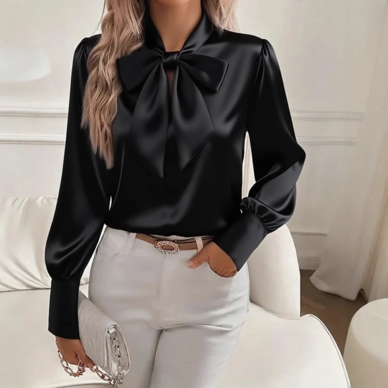 Damen elegante Satinbluse mit Schleifenkragen und Puffärmeln Nord Taschen