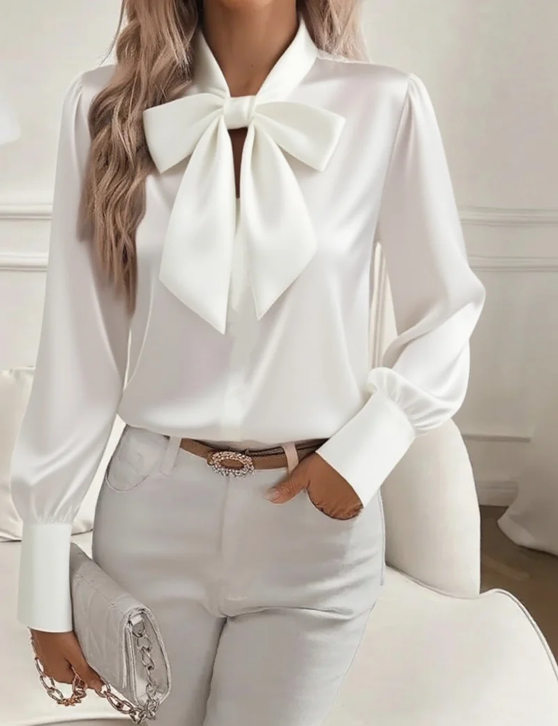 Damen elegante Satinbluse mit Schleifenkragen und Puffärmeln Nord Taschen