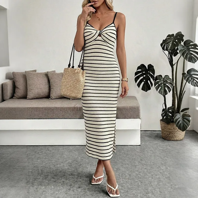 Damen Figurbetontes gestricktes Midi‑Kleid mit Spaghettiträgern und seitlichem Schlitz Nord Taschen