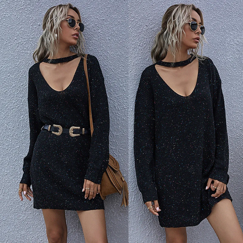 Damen Figurbetontes kurzes Strickkleid mit Choker‑Ausschnitt, V‑Dekolleté und Glitzerstruktur Nord Taschen