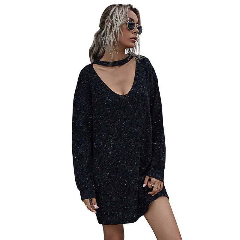 Damen Figurbetontes kurzes Strickkleid mit Choker‑Ausschnitt, V‑Dekolleté und Glitzerstruktur Nord Taschen