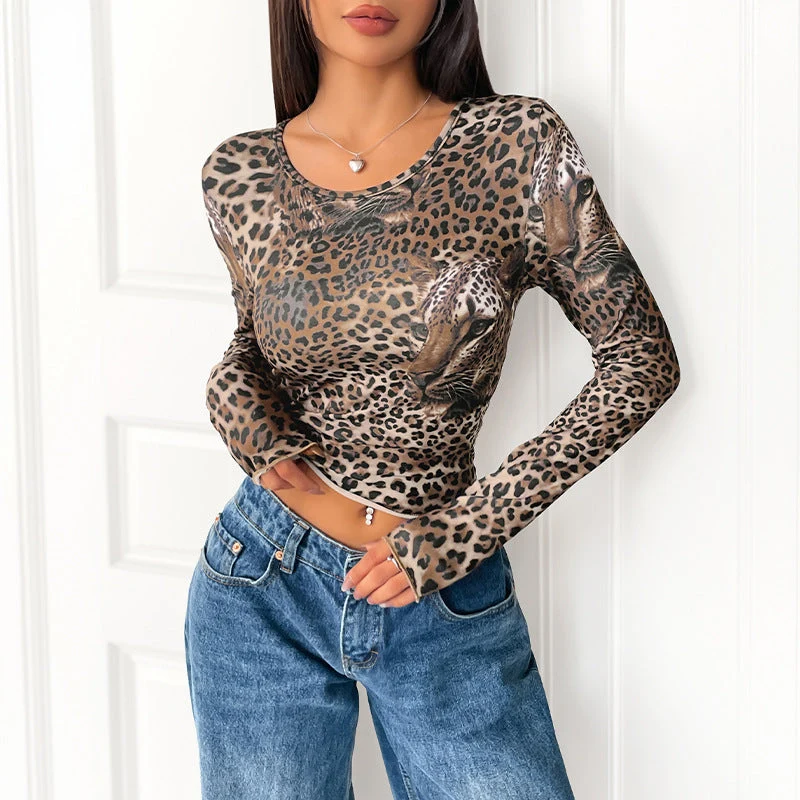 Damen Figurbetontes Langarm-Crop-Top mit Leopardenmuster und formendem Stretch Nord Taschen