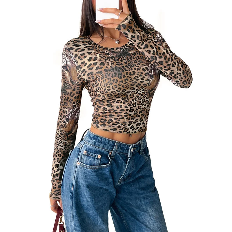 Damen Figurbetontes Langarm-Crop-Top mit Leopardenmuster und formendem Stretch Nord Taschen