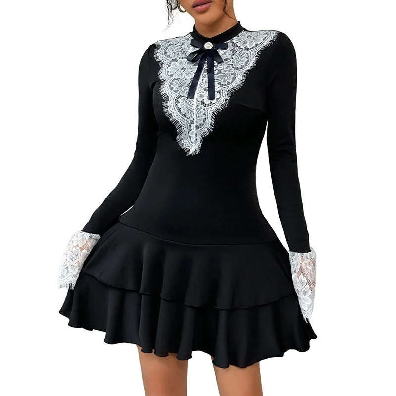 Damen Figurbetontes Longsleeve-Minikleid mit Spitzen-Dekolleté, Volantstufen & Schmuckschleife Nord Taschen