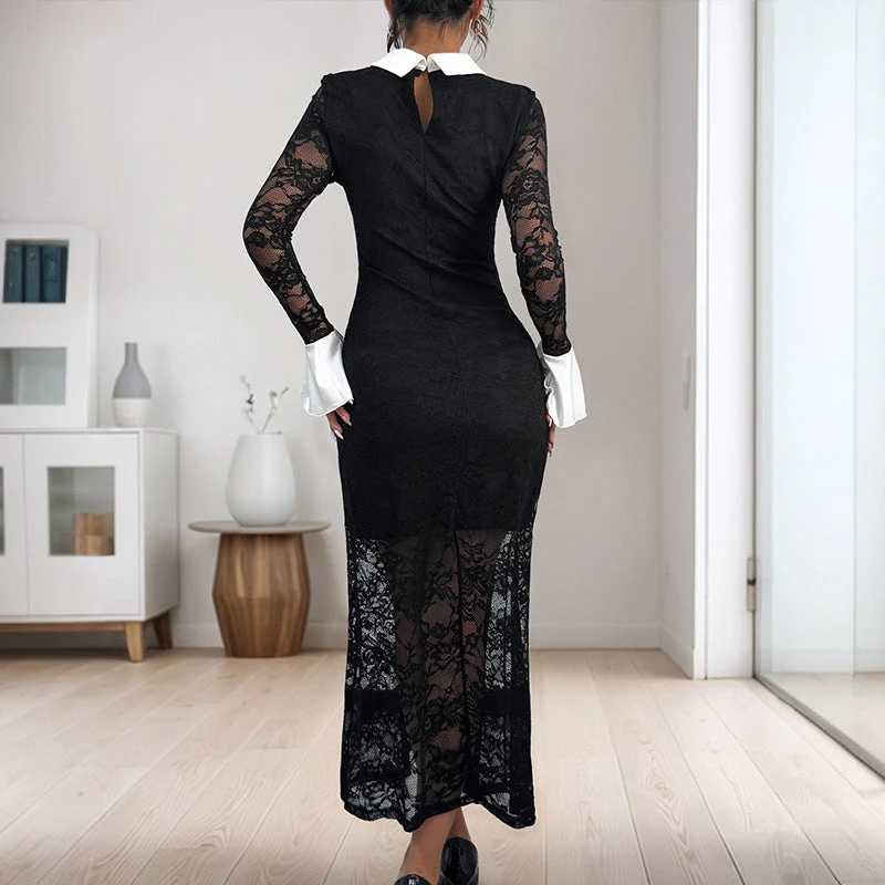 Damen Figurbetontes Midi-Spitzekleid mit kontrastierendem Hemdkragen Nord Taschen