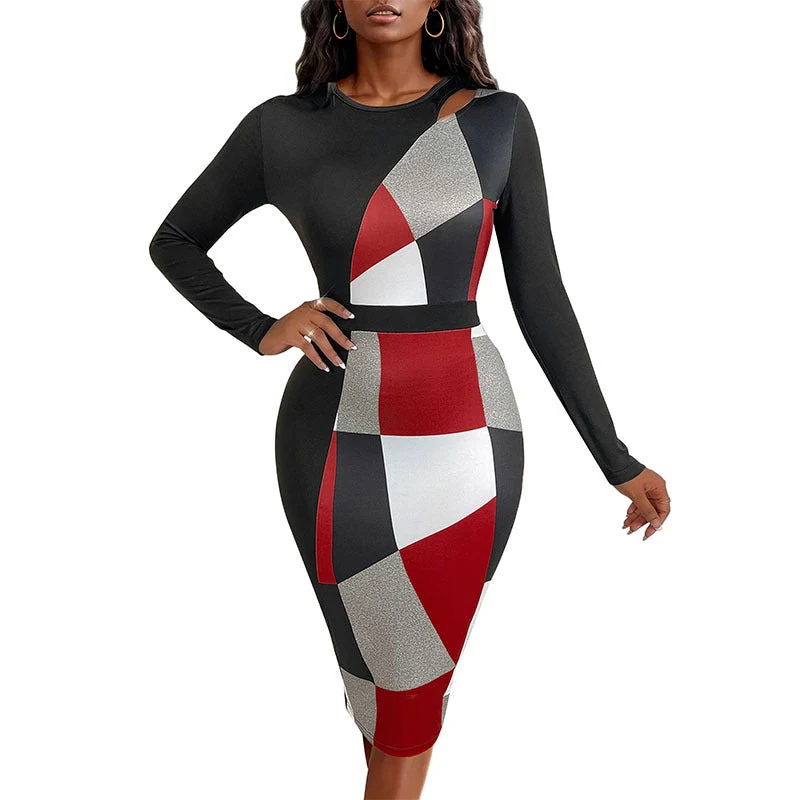 Damen Figurbetontes Midikleid mit grafischem Colorblock-Muster, Cut-Out-Schulter und taillierter Silhouette Nord Taschen