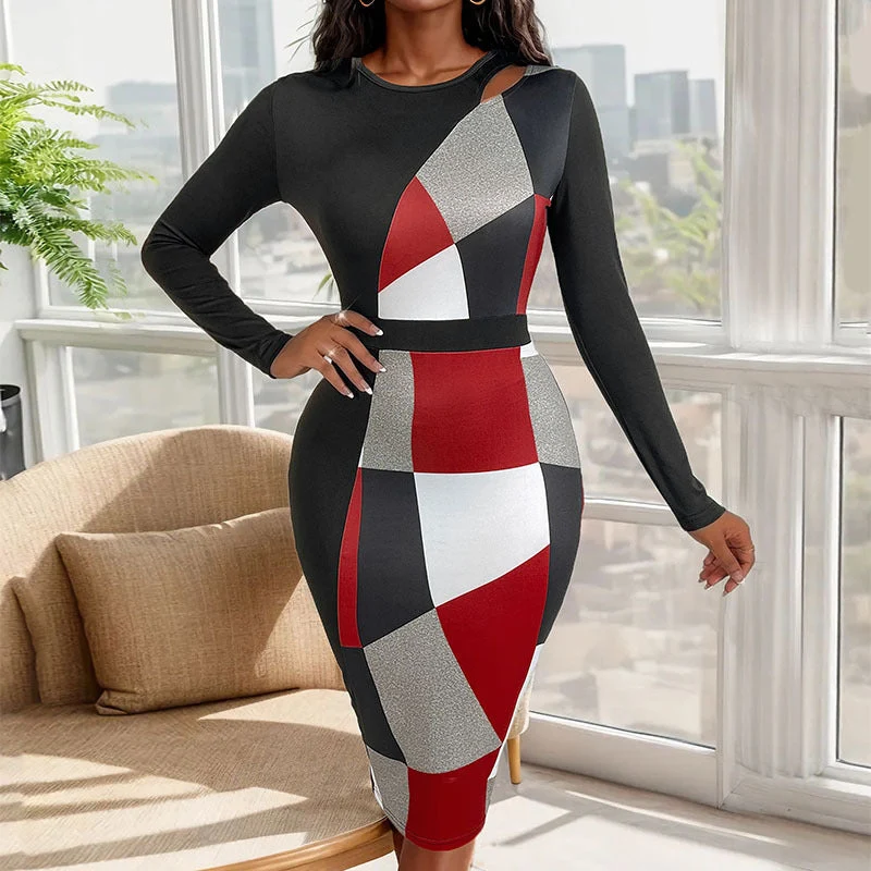 Damen Figurbetontes Midikleid mit grafischem Colorblock-Muster, Cut-Out-Schulter und taillierter Silhouette Nord Taschen