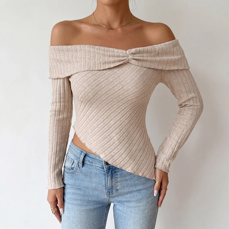 Damen Figurbetontes Off-Shoulder Rippstrick-Top mit Knotenfront und asymmetrischem Saum Nord Taschen