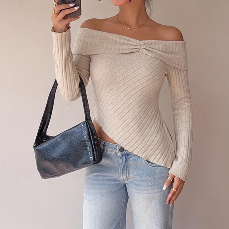 Damen Figurbetontes Off-Shoulder Rippstrick-Top mit Knotenfront und asymmetrischem Saum Nord Taschen