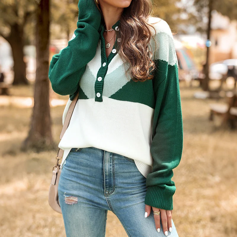 Damen Grobstrick-Henley-Pullover mit Stehkragen und Chevron-Intarsie Nord Taschen
