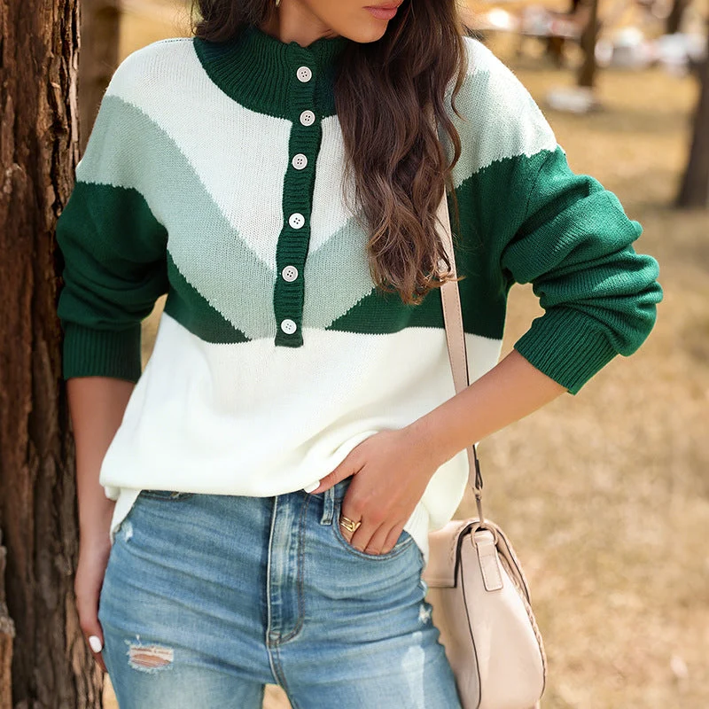 Damen Grobstrick-Henley-Pullover mit Stehkragen und Chevron-Intarsie Nord Taschen