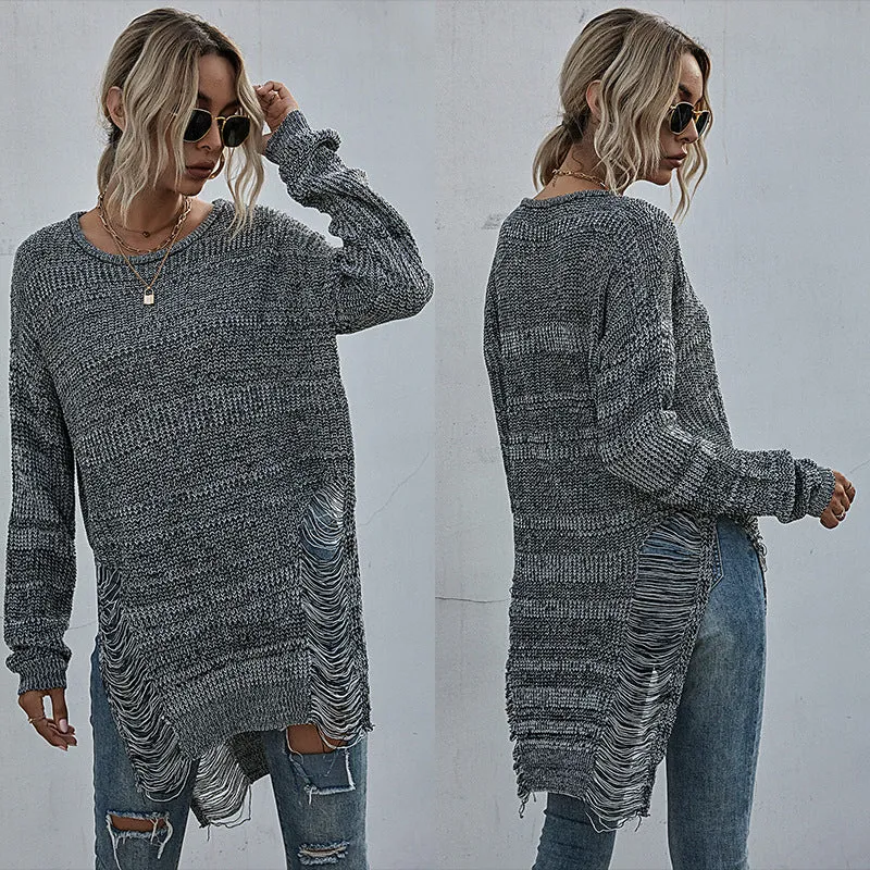 Damen Grobstrick-Longpullover mit seitlichen Fransen und geripptem Saum Nord Taschen
