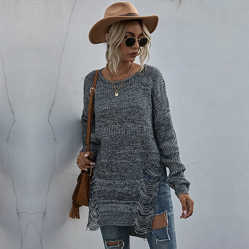 Damen Grobstrick-Longpullover mit seitlichen Fransen und geripptem Saum Nord Taschen