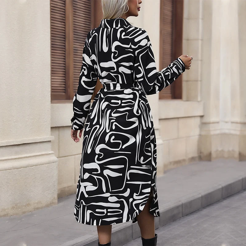 Damen Hemdblusen‑Midikleid mit abstraktem Print, Zierknopfleiste und Bindegürtel Nord Taschen