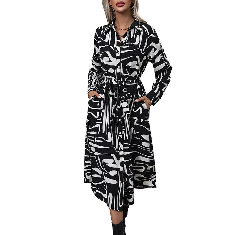 Damen Hemdblusen‑Midikleid mit abstraktem Print, Zierknopfleiste und Bindegürtel Nord Taschen