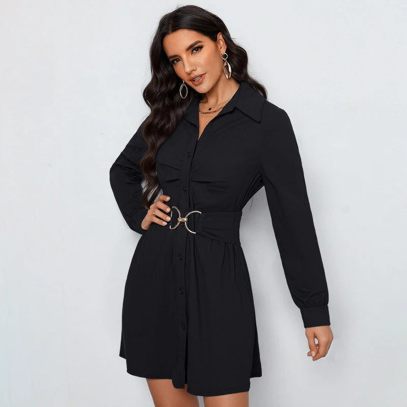 Damen Hemdblusen‑Minikleid mit Taillengürtel und dekorativem Metallring Nord Taschen