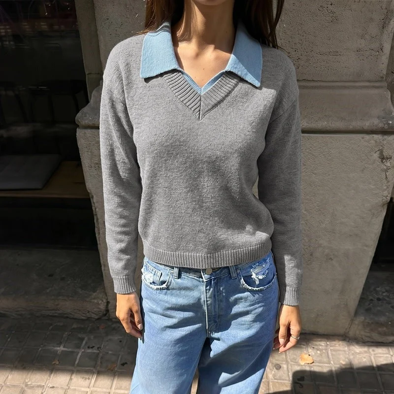 Damen Feinstrick-Polo-Pullover mit kontrastierendem Hemdkragen und V-Ausschnitt Nord Taschen