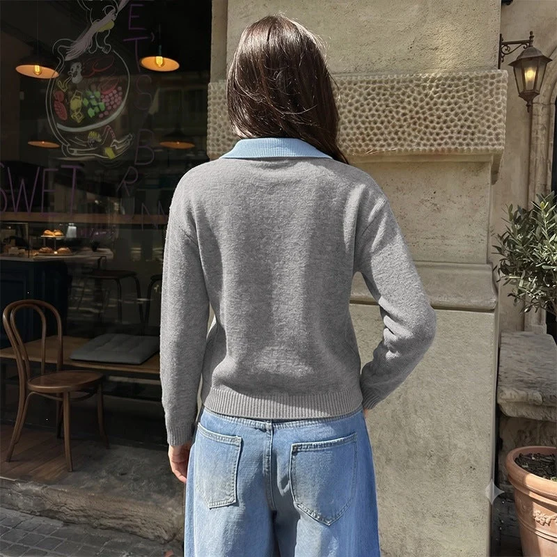 Damen Feinstrick-Polo-Pullover mit kontrastierendem Hemdkragen und V-Ausschnitt Nord Taschen
