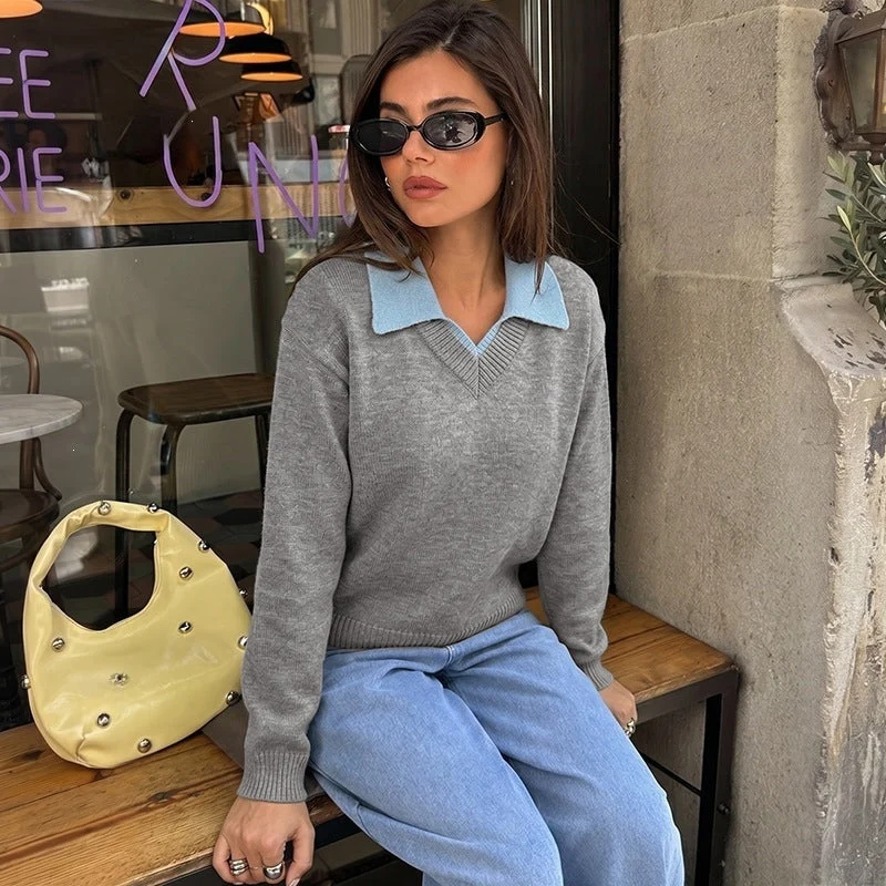 Damen Feinstrick-Polo-Pullover mit kontrastierendem Hemdkragen und V-Ausschnitt Nord Taschen