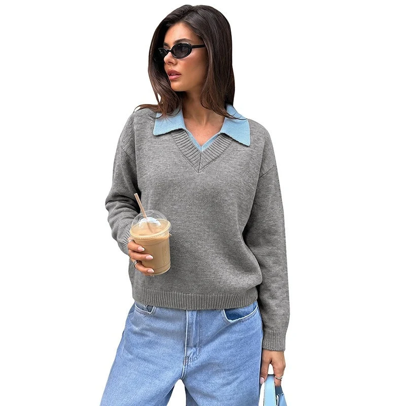 Damen Feinstrick-Polo-Pullover mit kontrastierendem Hemdkragen und V-Ausschnitt Nord Taschen
