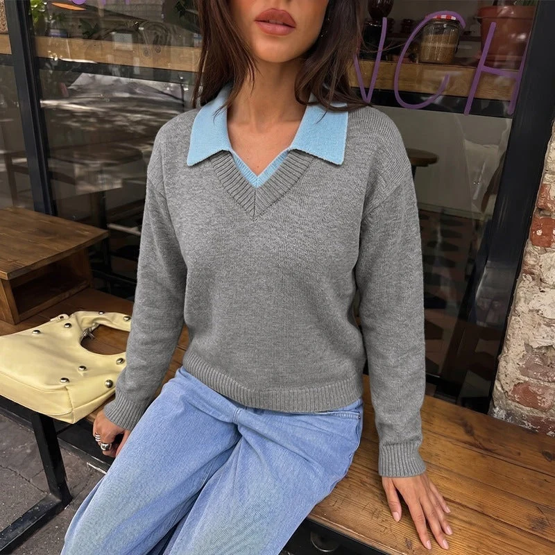 Damen Feinstrick-Polo-Pullover mit kontrastierendem Hemdkragen und V-Ausschnitt Nord Taschen