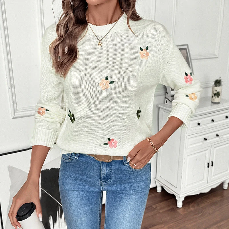 Damen Feinstrick-Pullover mit gestickten Blumenapplikationen und Rundhalsausschnitt Nord Taschen